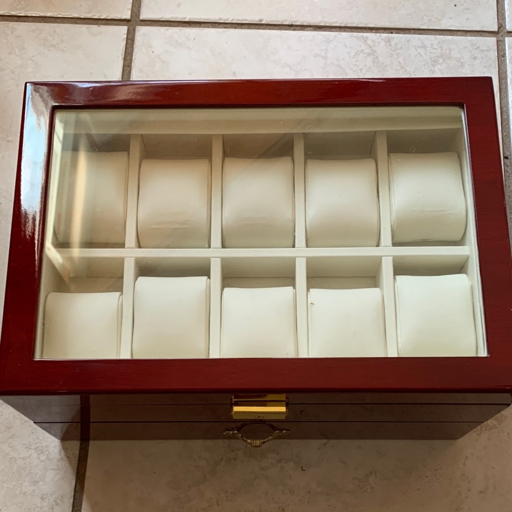 Heavy lacquer cherrywood watch jewelry box for 20 watches or jewelry glass lid